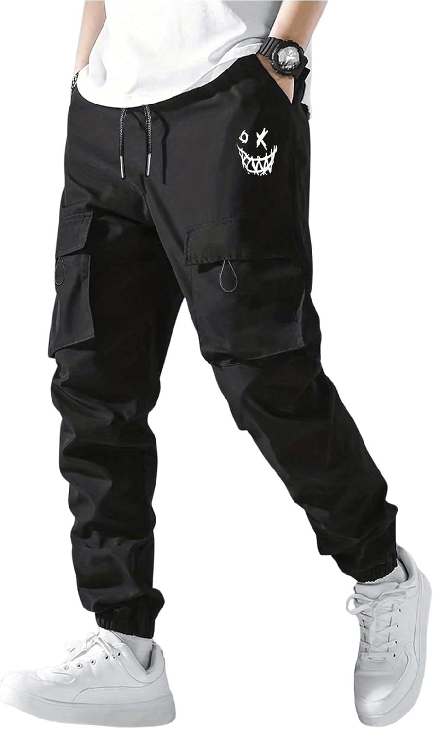 WDIRARA Boy's Cargo Pants Graphic Elastic Waist Workout Joggers Pants Streetwear