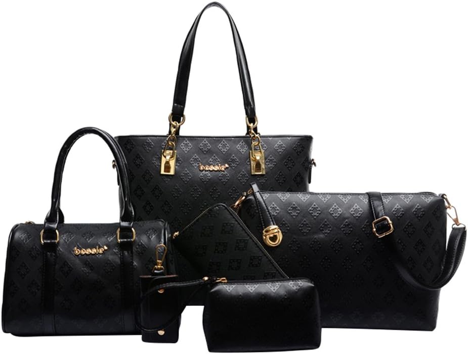 Kairuun Women Handbag Nylon Waterproof Tote Clutch Purse Key chain 6 Piece Set Bag Solid Color