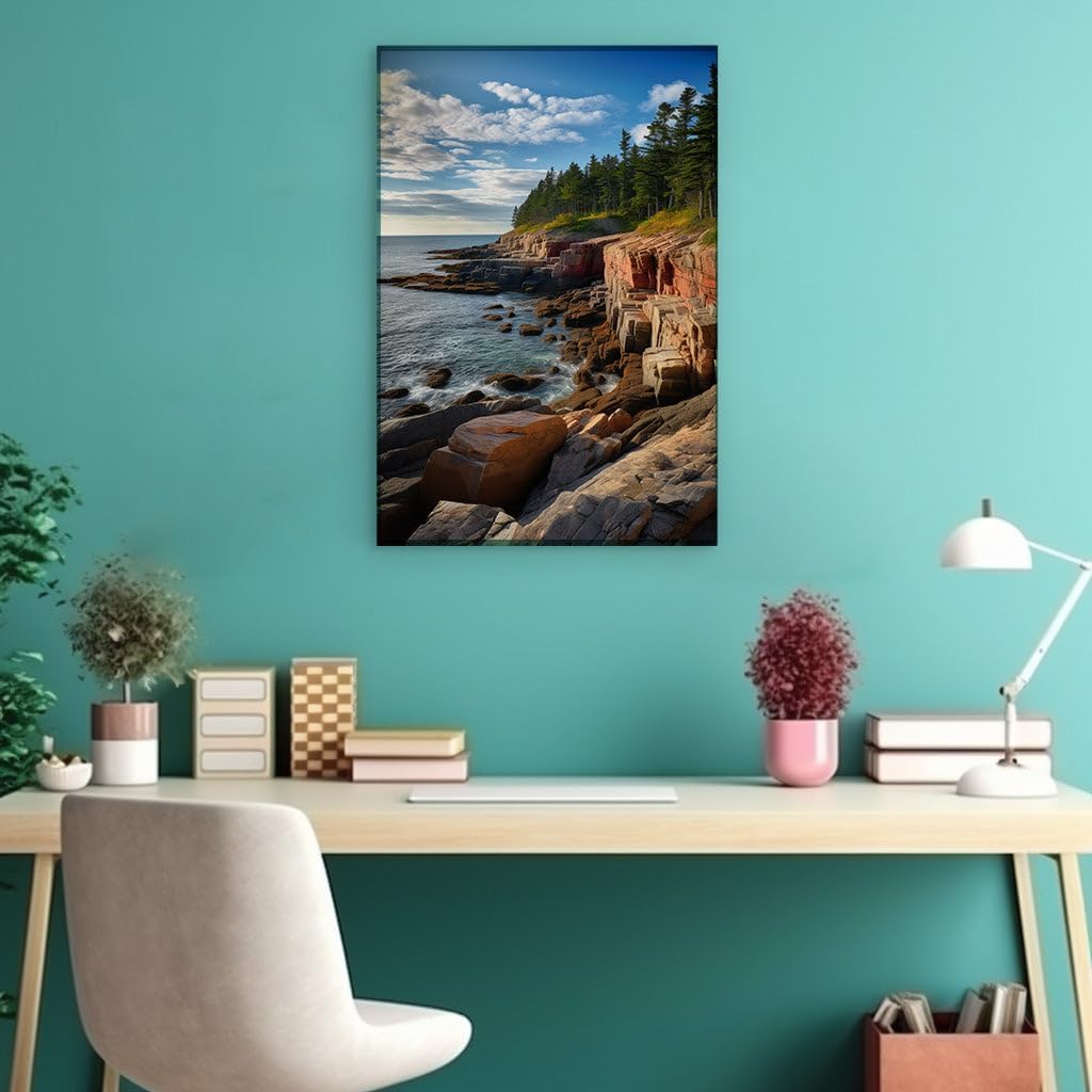 Canvas for Living room. Ocean's Fury Meets the Serenity of a Rocky Shore - A Vibrant Tapestry Woven by Nature, 27 x 18 inch Canvas Wall Art - Great White Shark - Modern Home Decor