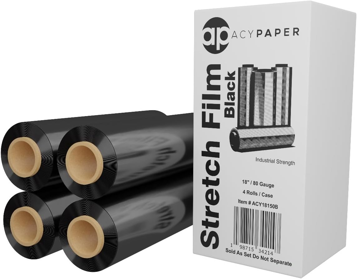 18" Black Stretch Wrap - 1500 Feet, 4 Rolls/Box, 80 Gauge | Durable Industrial Pallet Wrap for Moving, Packing, and Storage by ACYPAPER
