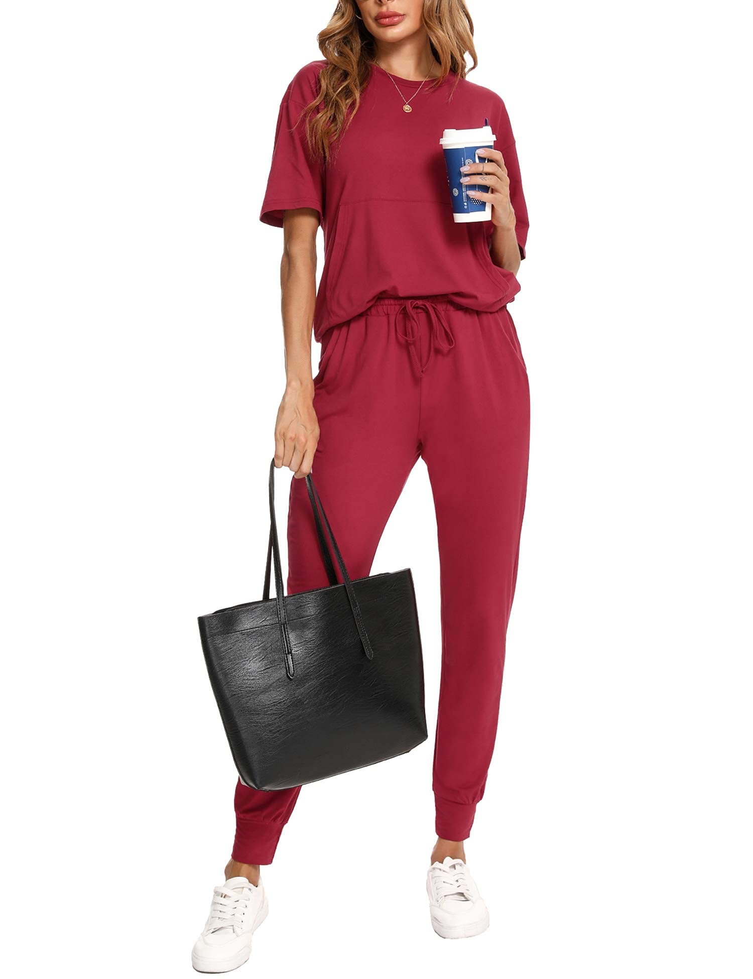Irevial Conjunto Chandal Mujer Verano Conjunto de Camiseta de Manga Corta y Pantalones con Cordón y Bolsillo Ropa Deportiva 2 Piezas Primavera para Fitness