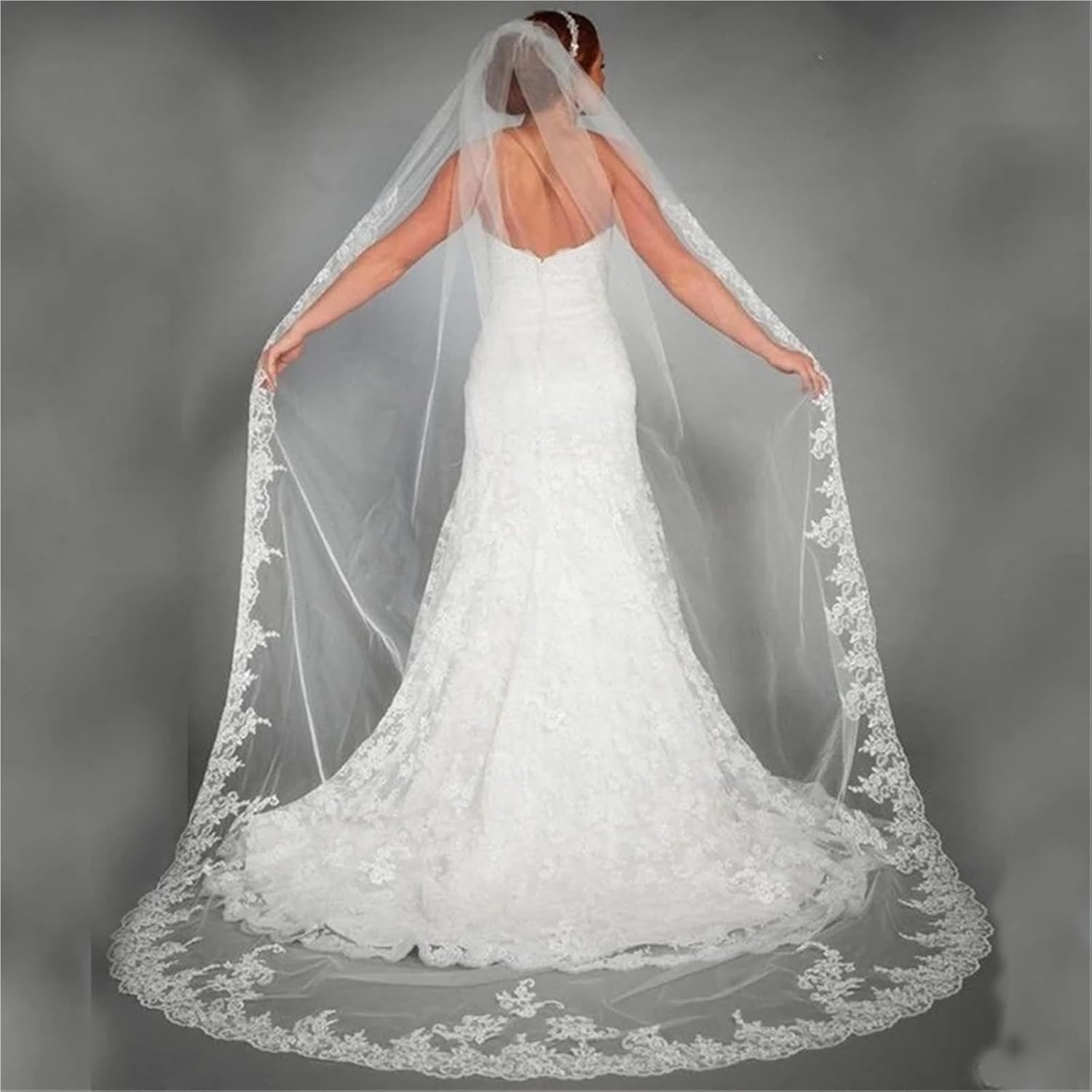270cm Long Applique Bridal Veil - 1-Layer Cathedral Veil, White Wedding Accessory