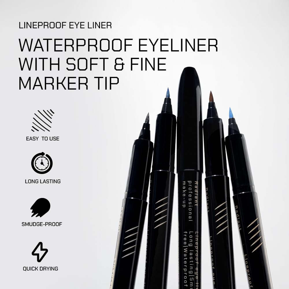 Radiant Professional Liquid Eyeliner Pen - Waterproof, Smudge Proof & Long Lasting Eyeliner with Flexible Precision Felt Tip for Smooth Winged Eye Makeup, Precise Lines with Intense Color, (01 Black)