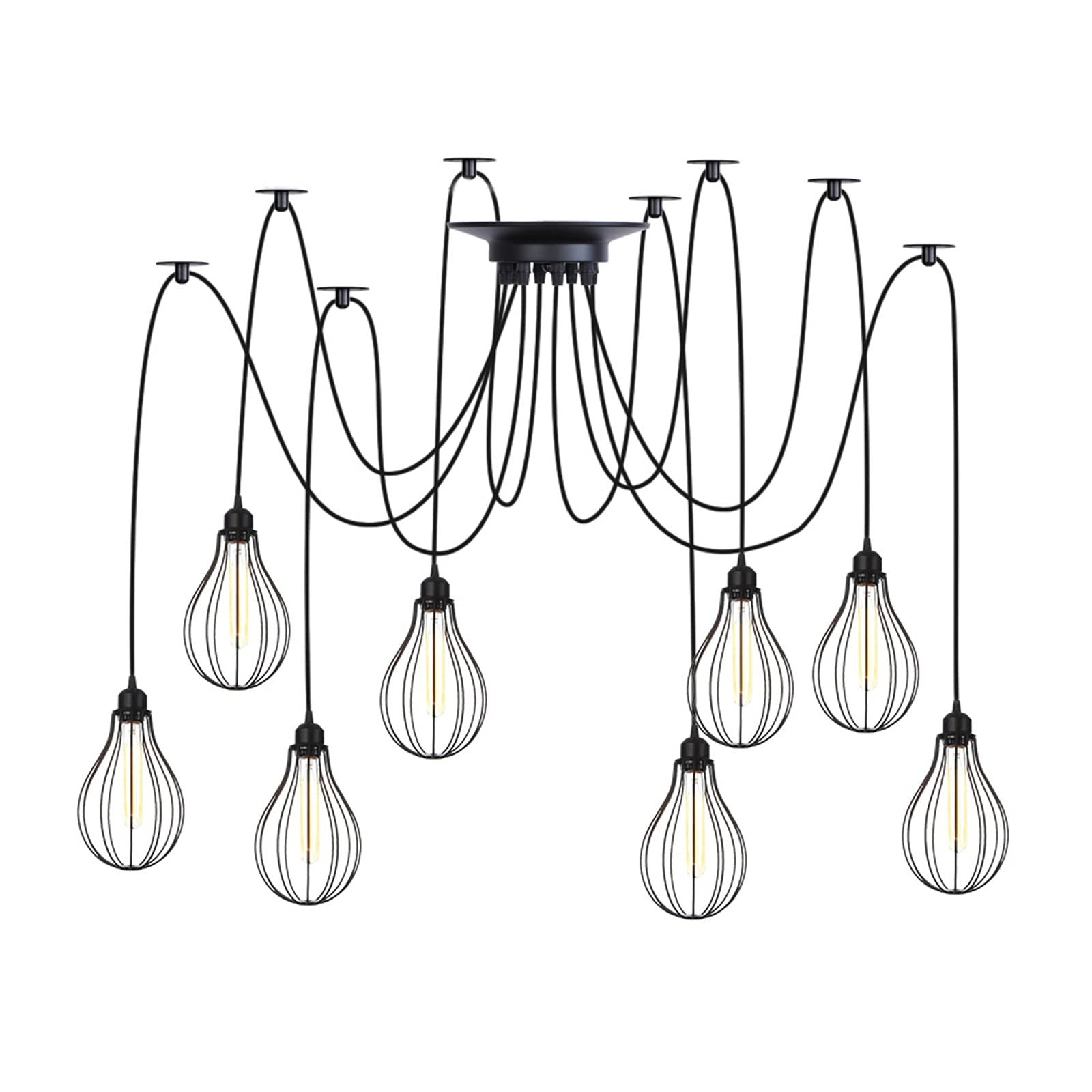 Plafonnier semi-encastré noir et lampes suspendues cage 8 lumières