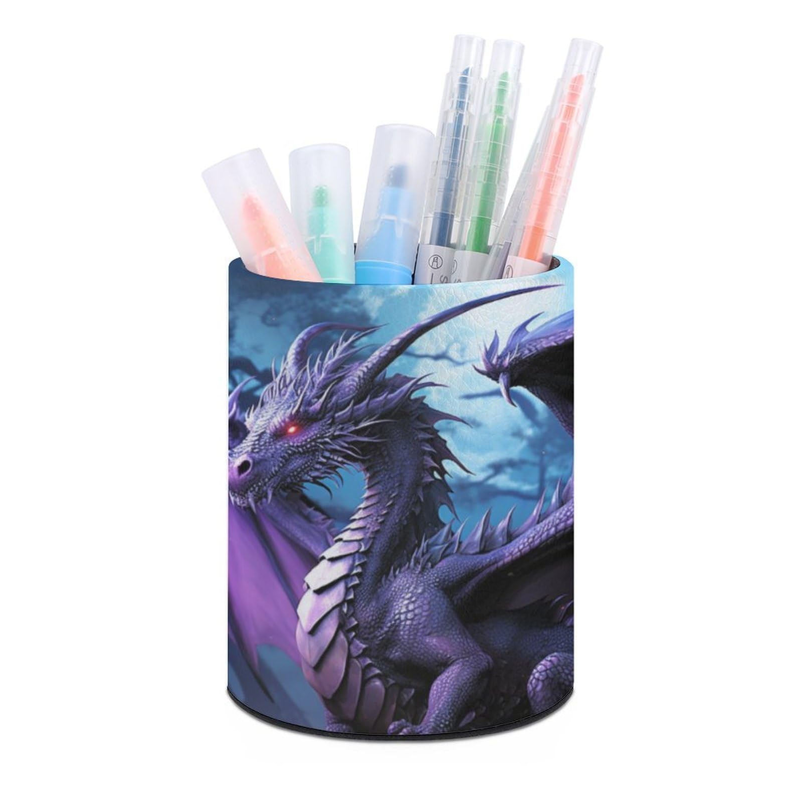 DWVTSLH Aesthetic Pen Holder for Desk - Modern Leather Pencil Holder - Stylish Round Makeup Brush Holder - Purple Dragon Purple Moon Pen Cup Cute And Functional Desk Organizer for Office Supplies