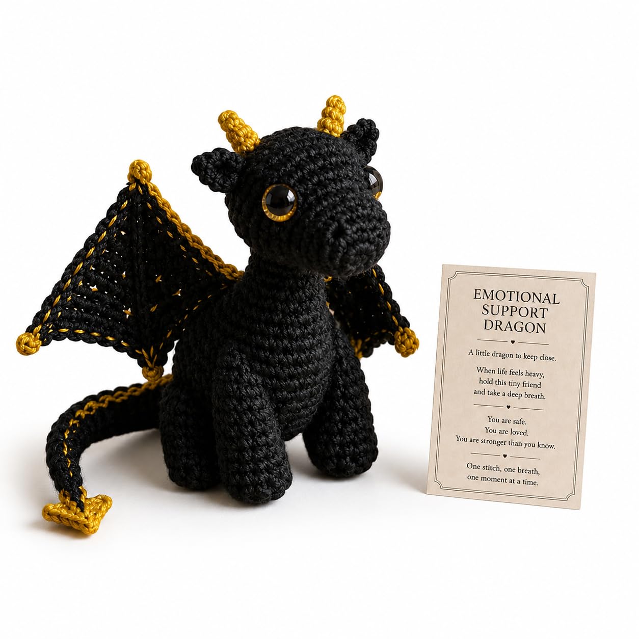 Emotional Support Dragon Pocket Buddy, Cute Handmade Plush Stuffed Animals with Encouragement Card, Anxiety Relief Desk Decor, Fantasy Gift for Students & Adults (Black)