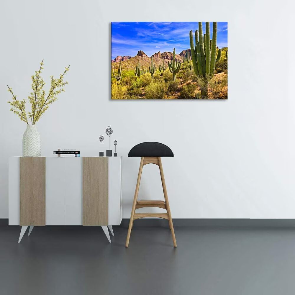 Blooming Saguaros in Sonoran Desert Arizona Wall Art Picture Cactus Canvas Wall Decor for Living Room Bedroom Bathroom Home Decorations Framed Artwork Ready to Hang(24''H x 36''W)