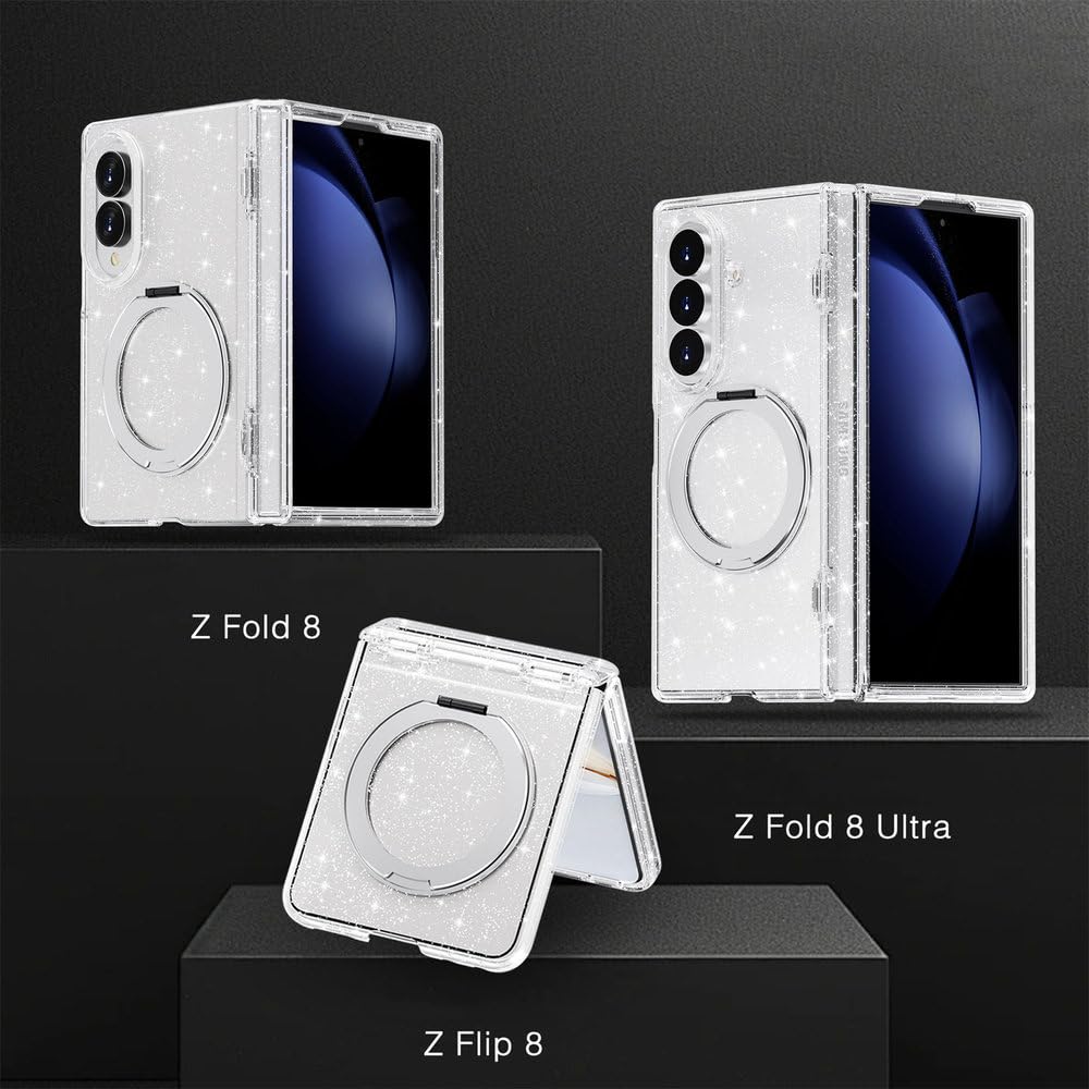 Custodia per telefono antiurto con supporto magnetico girevole a 360° per Samsung Galaxy Z Fold 8 Ultra, con ricarica wireless, colore bianco trasparente.