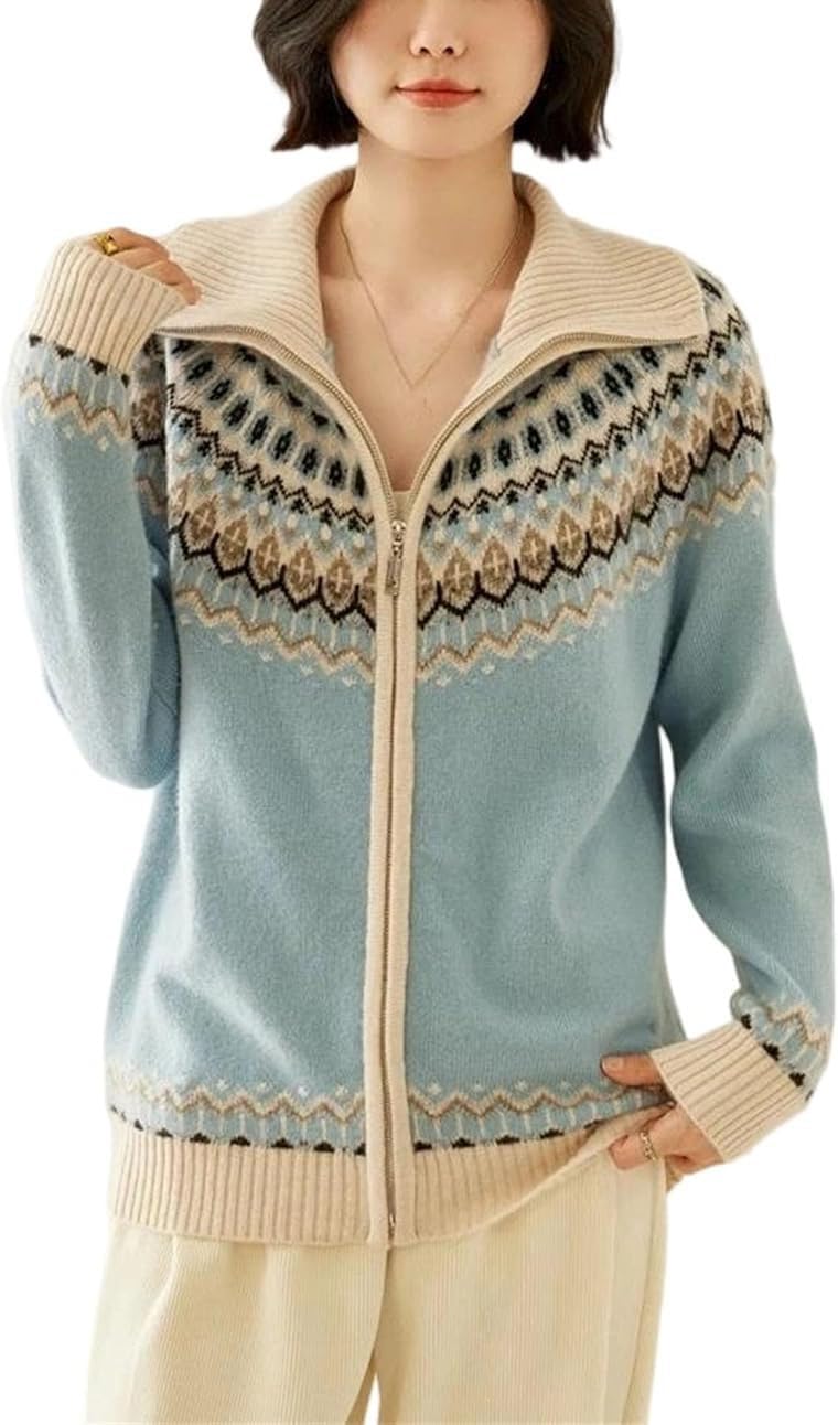 Womens Cashmere Sweater Cardigan with Lapel and Zipper Thickened Loose Fit Lightweight Knit Top
