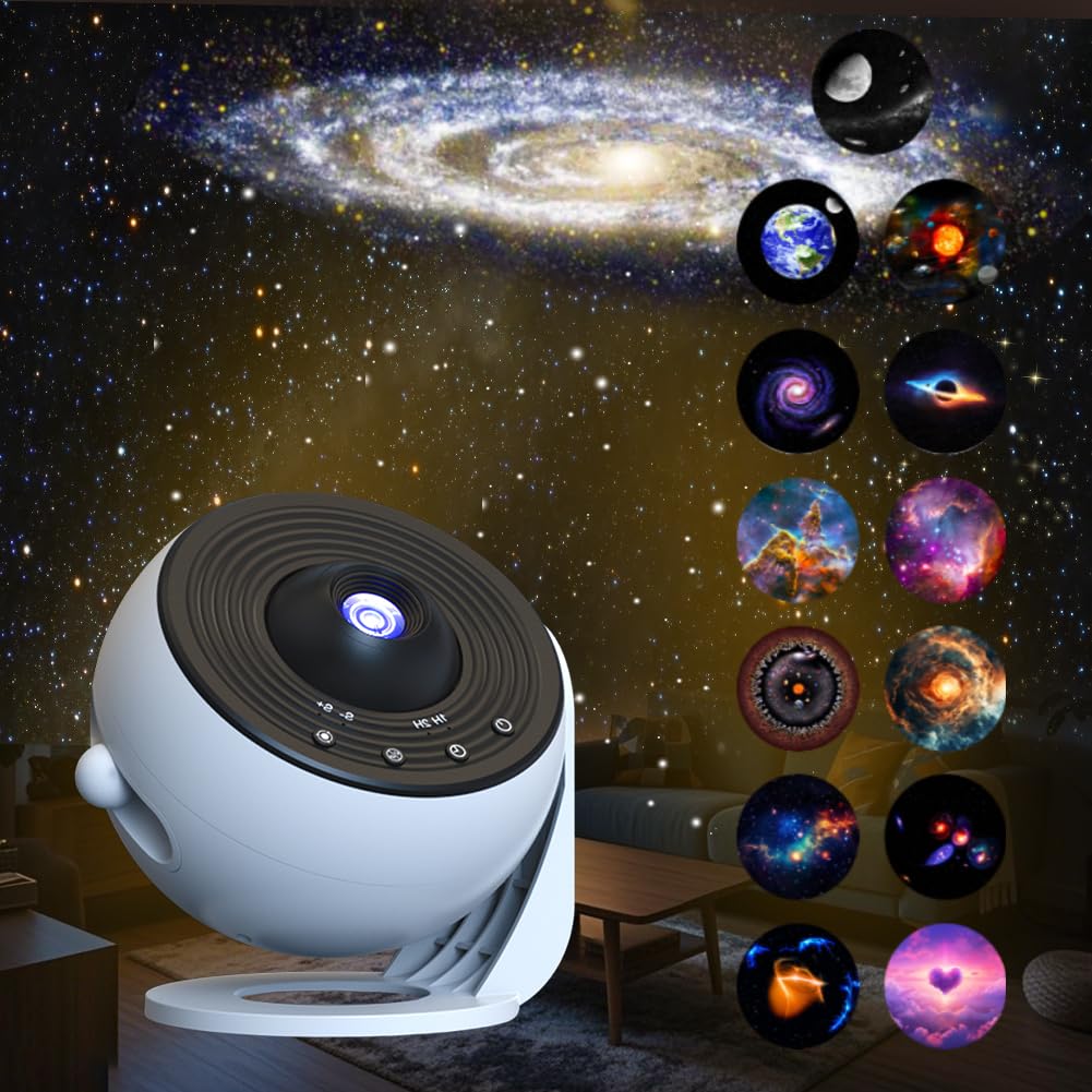 Proyector de Cielo Estrellado, 12 Discos Planetarios, Proyector de Ajuste de Rotación de 360°, Luz Nocturna, con Control, Remoto para Dormitorio, Techo, Niños y Adultos