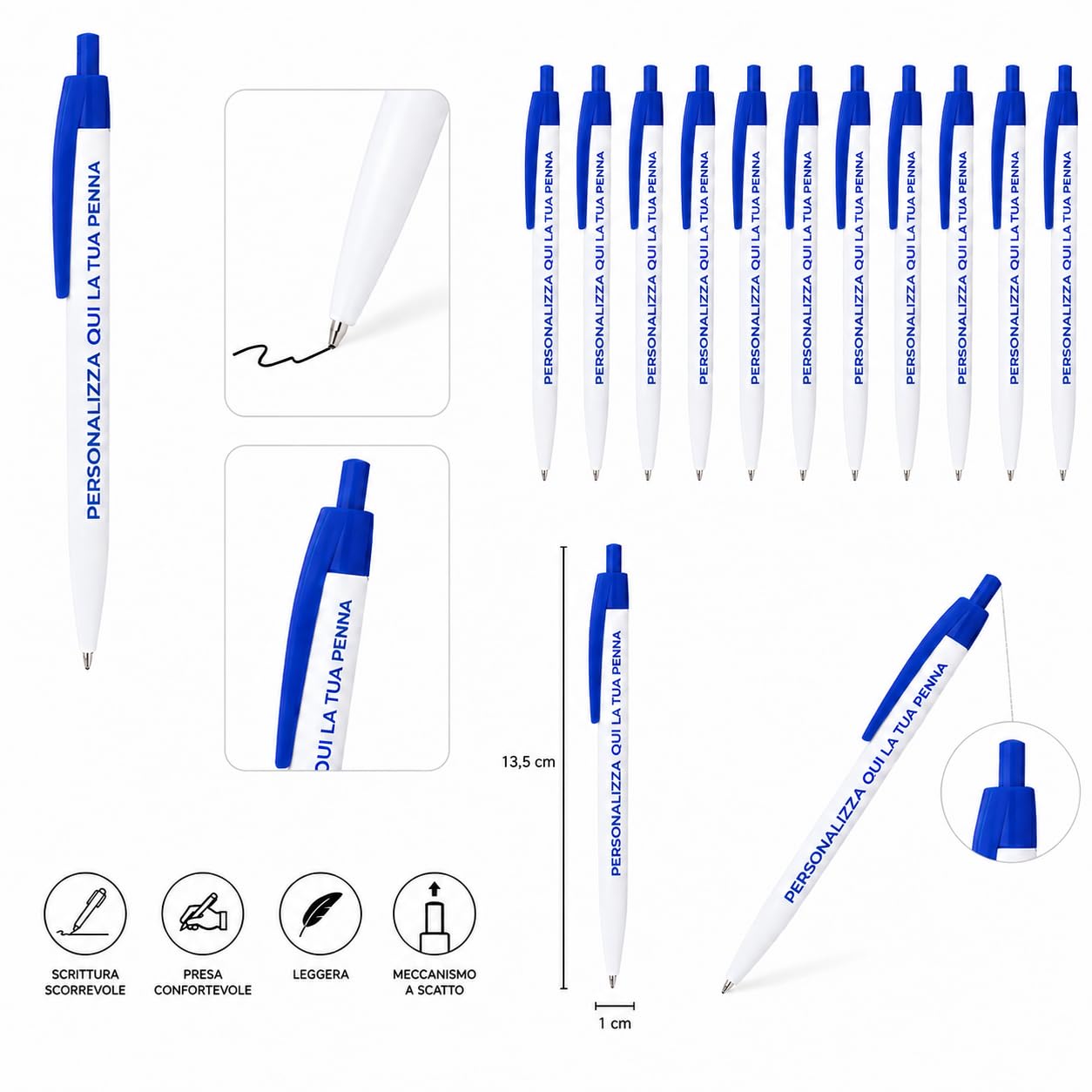 Penna Personalizzata con Logo, Nome o Testo | Penna a Sfera Personalizzabile con Stampa UV a Colori | Gadget Aziendale per Ufficio, Eventi, Fiere, Scuole e Regali Personalizzati (1000, Blu)
