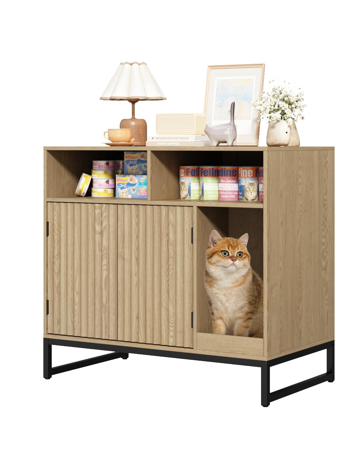 WINWY Cat Litter Box Enclosure, Large Hidden Pet Storage Cabinet Furniture with Waveform Fluted Doors & Scratching Pad, Modern Wooden Cat House Indoor for Washroom, Living Room, Bedroom, Natural