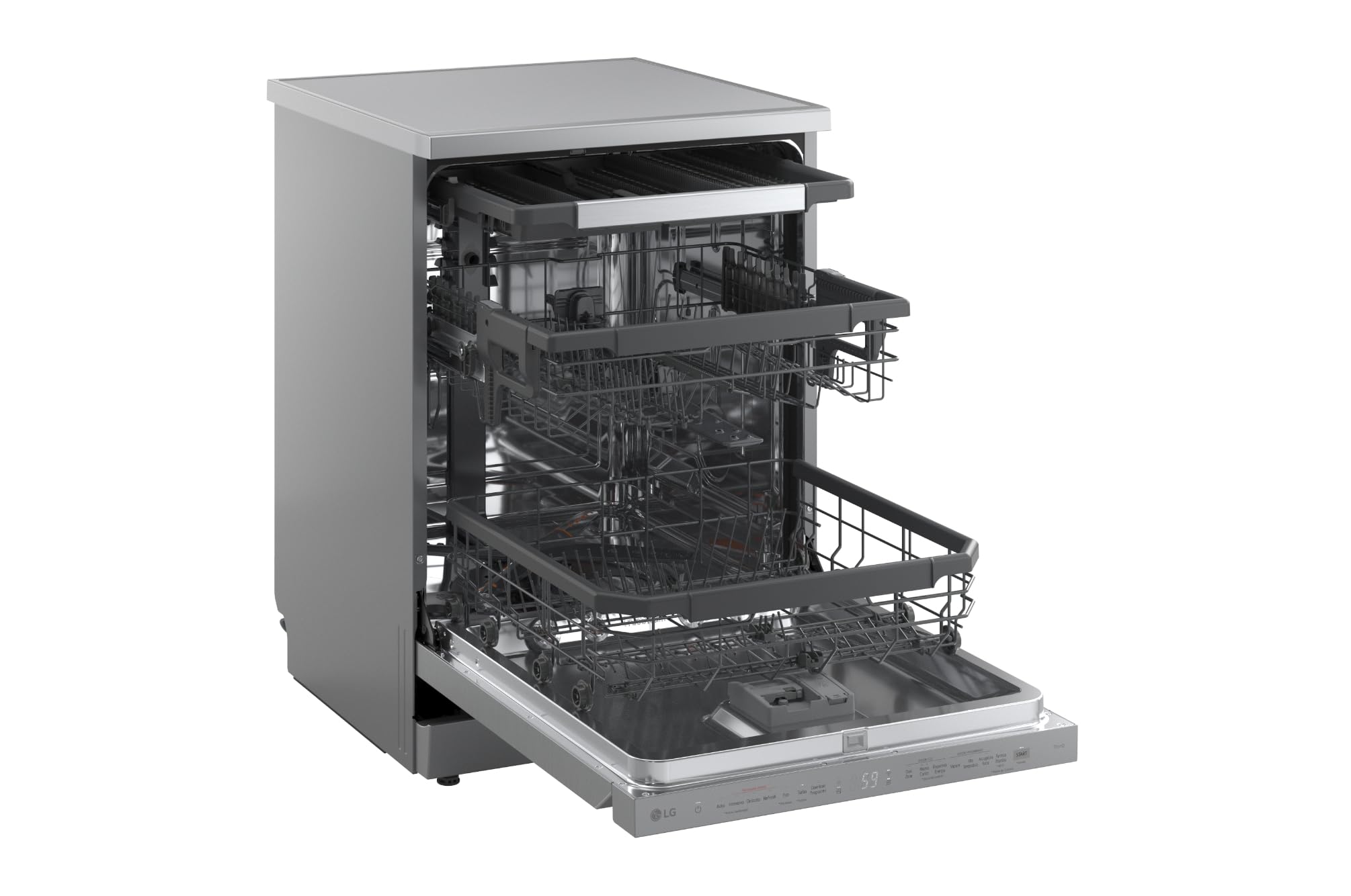 LG DF375HVS Lavastoviglie Libera Installazione Classe A, 14 Coperti, Lavaggio a Vapore TrueSteam, LED Esterno, Sistema QuadWash con 4 Bracci Irroratori, Serie 5, Auto-Apertura, 43dB, Wi-Fi, Grigia