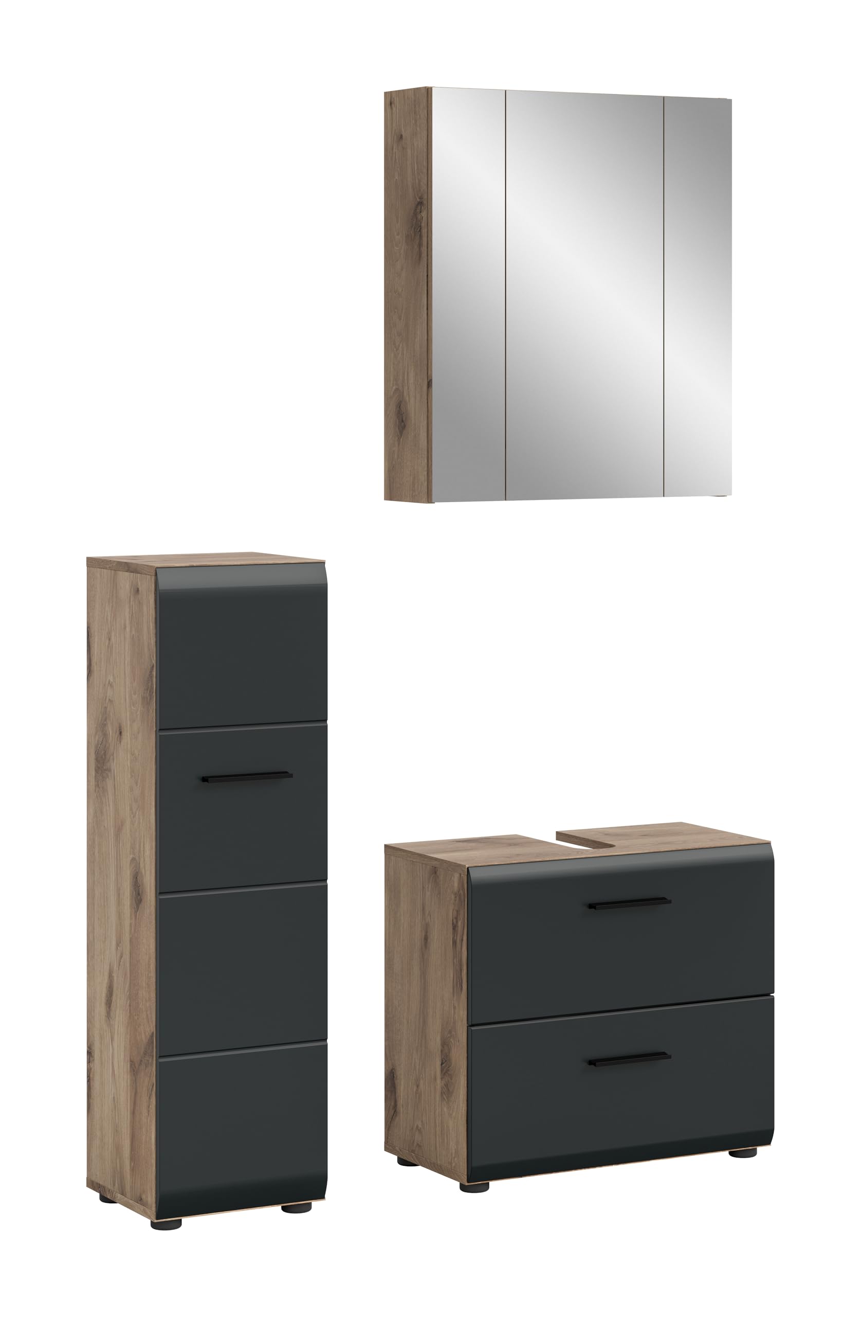 xonox.home – 3 TLG. Badezimmerkombination Ice 105x185x30 cm in Korpus Nox Oak Nachbildung und Front schwarz matt – Hochwertige Badmöbel-Kombi – modern