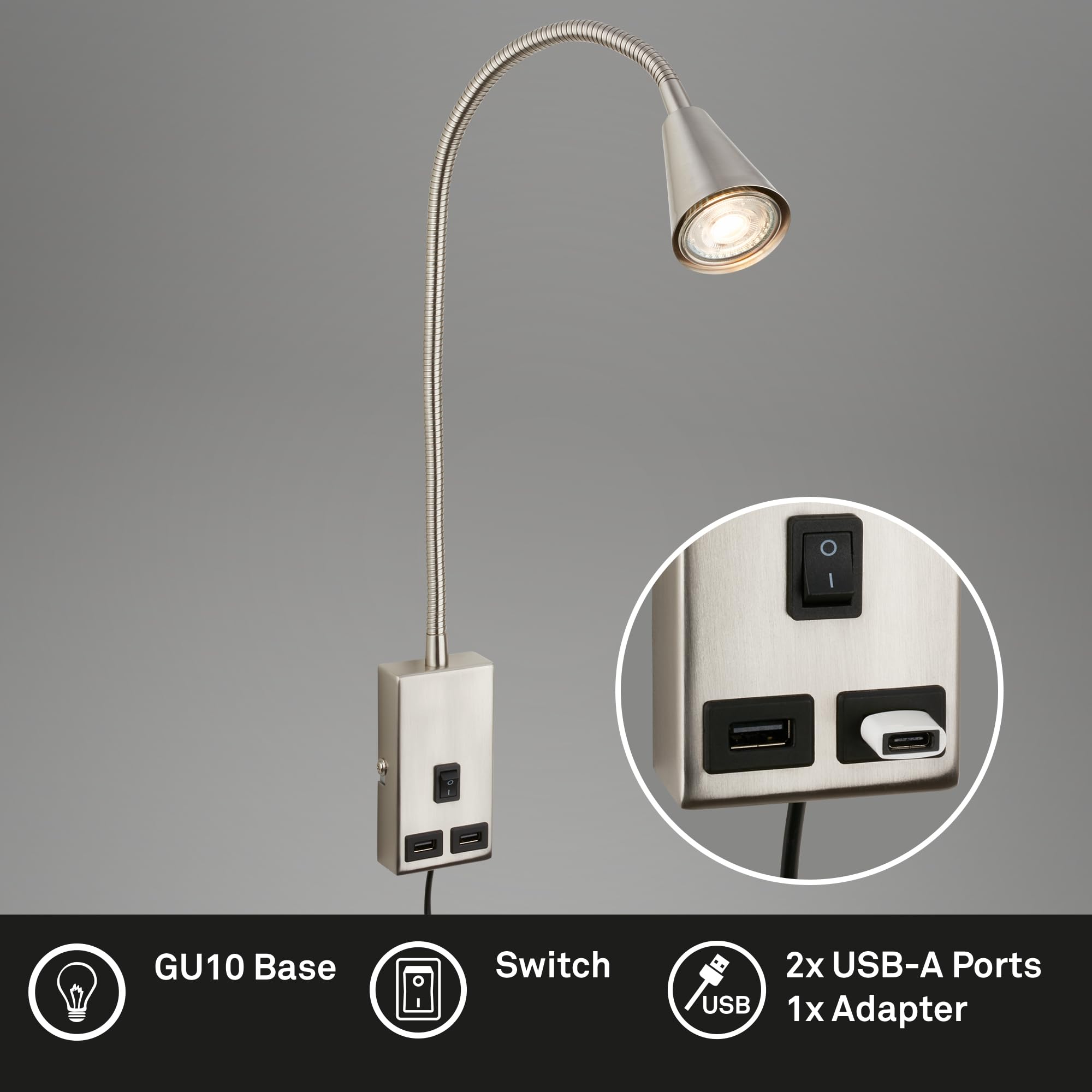 Briloner - Lampada da lettura con porta USB, interruttore on/off, orientabile, applique, lampada da parete, lampada da letto, lampada da comodino, lampada da comodino, altezza 50 cm, nichel opaco