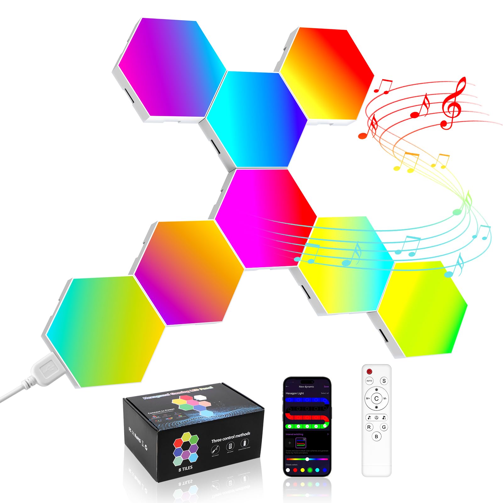 MeRGBW-Home 8 Pcs Hexagon LED Panels, Sechseck Gaming Deko LED Wandleuchte, Musik Sync, APP-Kontrolle, Fernbedienungen, Sechseck Waben Wall Lights Gaming Zubehör Hexa Lampe Smart Zuhause Wand Deko