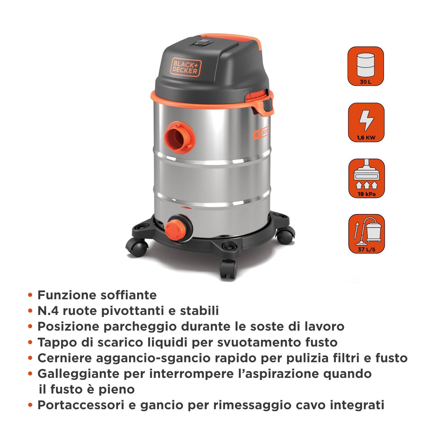 BLACK+DECKER Aspiratore Solidi e Liquidi BXVC30XDE (1600 W, 30 l)