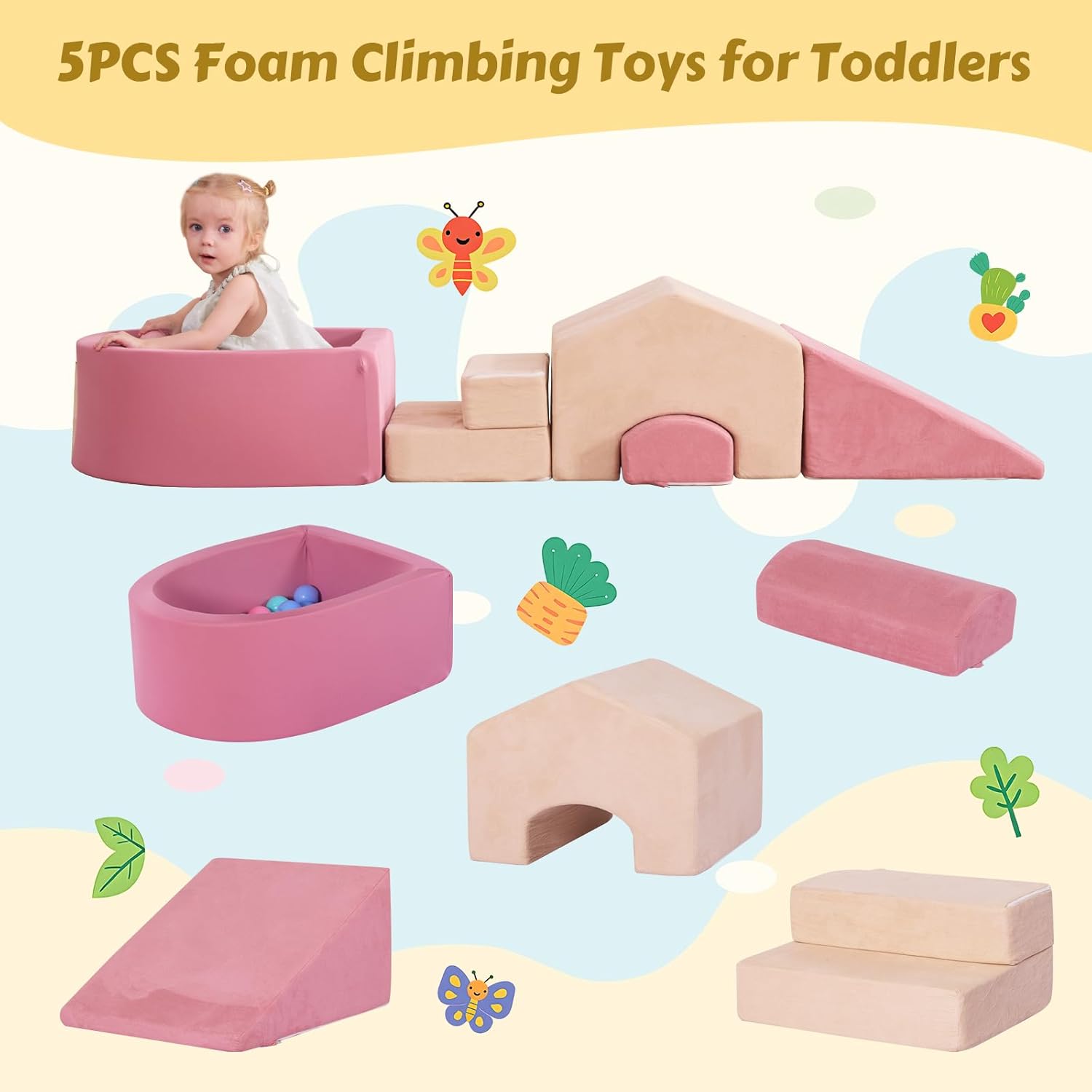 Foam Climbing Blocks with Ball Pit, Climbing Toys for Toddlers, Foam Climb and Crawl Activity Playset Indoor, Soft Play Equipment for Toddler Crawling Sliding Playing (Excluding Balls)