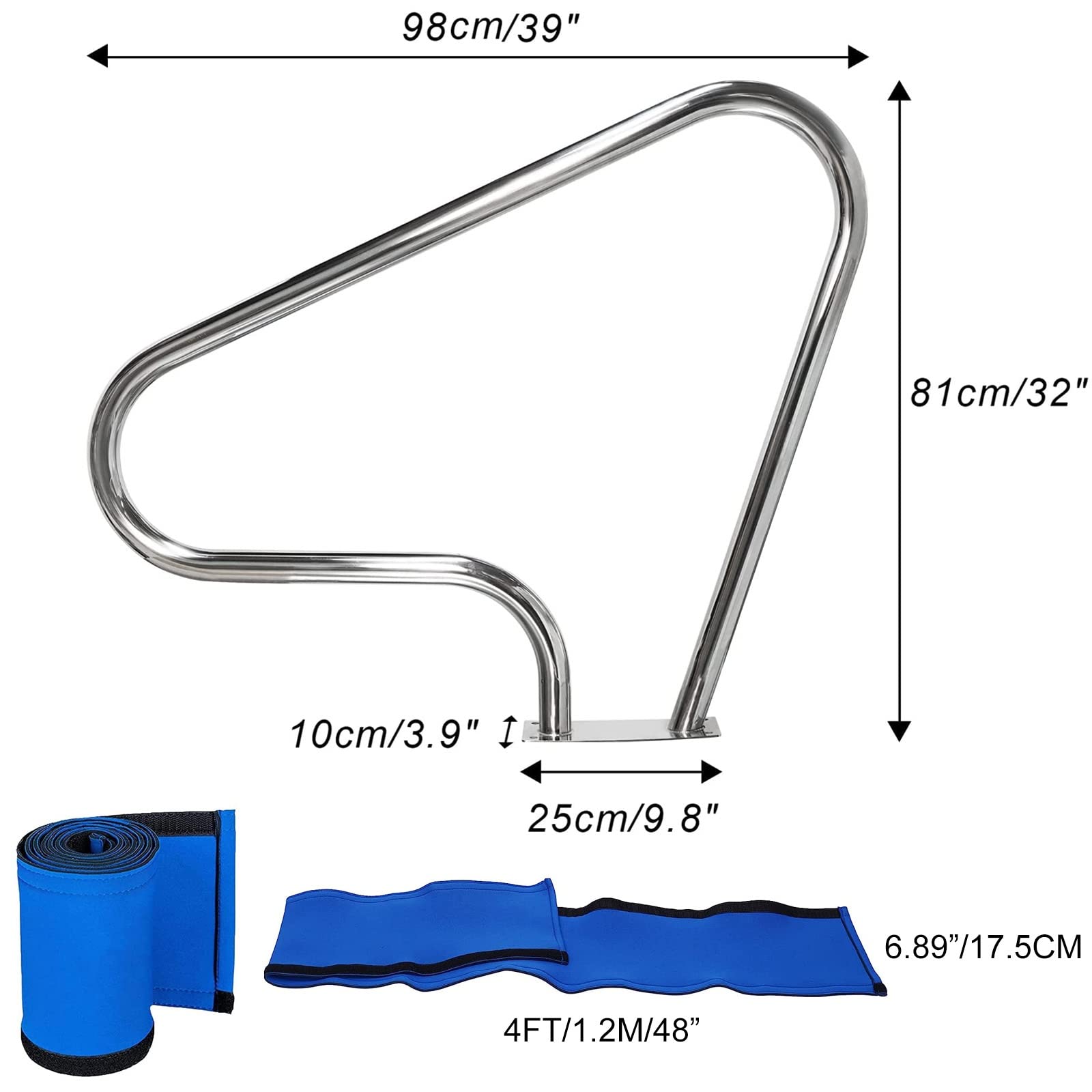 Barandilla Acceso Piscina Con Cubierta De Agarre De Nailon Desmontable, Barandilla Piscina De 304 Acero Inoxidable De 98*81cm, Pasamanos De Piscina Para SPA, Estadio Y Piscina ( Size : 1 PACK )