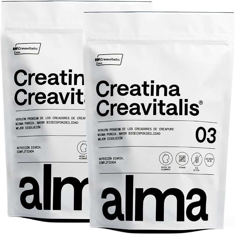 Creatina Monohidratada Creavitalis® ALMA® 600 g | Creatina Creapure Monohidrato en Polvo 99,9% Pureza Premium | Vegana, Sin Gluten ni Lactosa | 200 Dosis Disolución Instantánea | Fabricada en Alemania