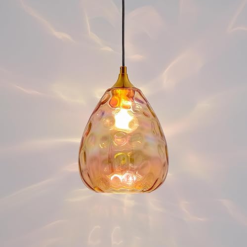 Miniatura 2 de Iluminación colgante dorada con pantalla de vidrio martillado ámbar, lámpara colgante Art Deco de 1 luz para isla de cocina, comedor, dormitorio
