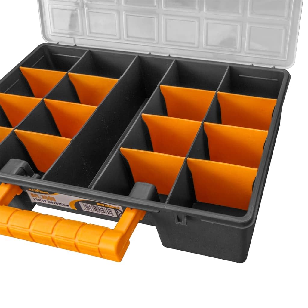 Juego de 2 maletas de polipropileno con divisores extraíbles, 360 x 250 x 85 mm, tapa transparente, caja de herramientas organizador para tornillos y clavos, 17 compartimentos