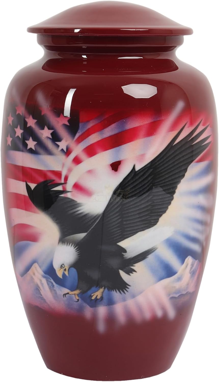 SOULURNS Patriotic American Flag & Bald Eagle Large Metal Funeral Memorial for Adult Human Ashes – Handcrafted with Velvet Bag – Veterans & Military Tribute