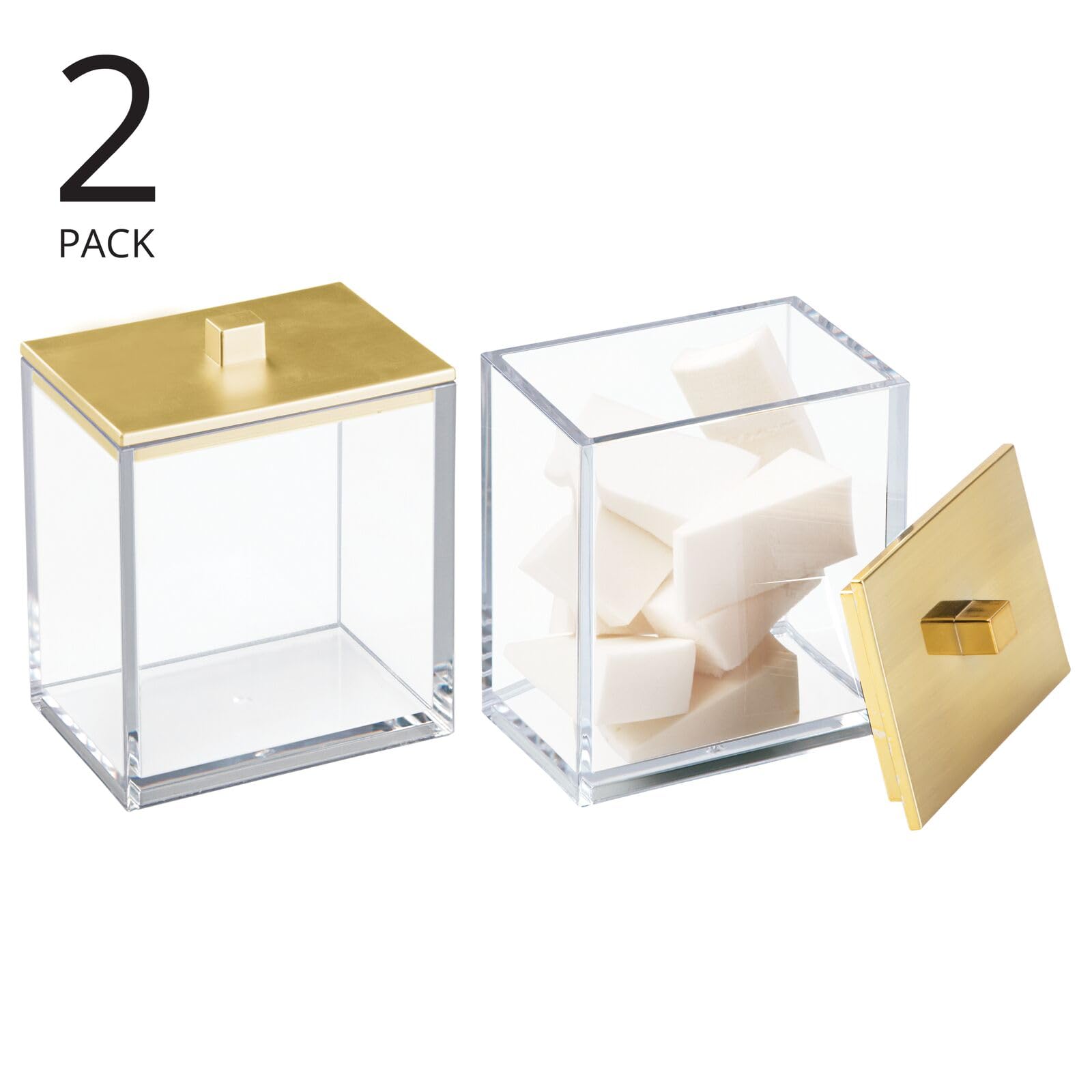mDesign Plastic Rectangle Apothecary Canister - Organizer for Bathroom Vanity Countertop Shelf Decor - Holds Cotton Swabs, Soap, Makeup, Bath Salts - Lumiere Collection - 2 Pack - Clear/Gold