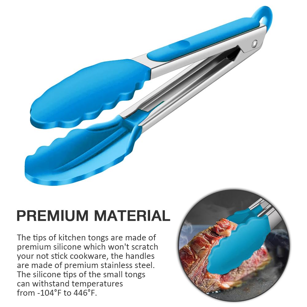 Juego de 3 pinzas pequeñas para servir, mini pinzas antiadherentes (7 pulgadas) con puntas de silicona y mango de acero inoxidable, pequeñas pinzas de cocina para filetes, ensaladas, verduras (azul)