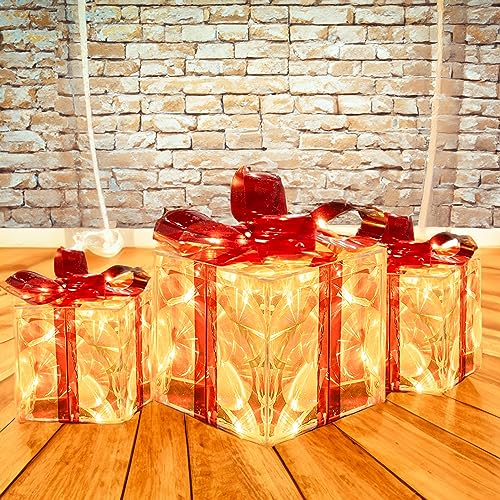 Hourleey Set of 3 Christmas Lighted Gift Boxes, Pre-lit 60 LED Light Up Present Boxes Ornament Decorations with Ribbons for Indoor Outdoor Xmas Tree Home Yard Lawn Decor, Warm White - Image 8