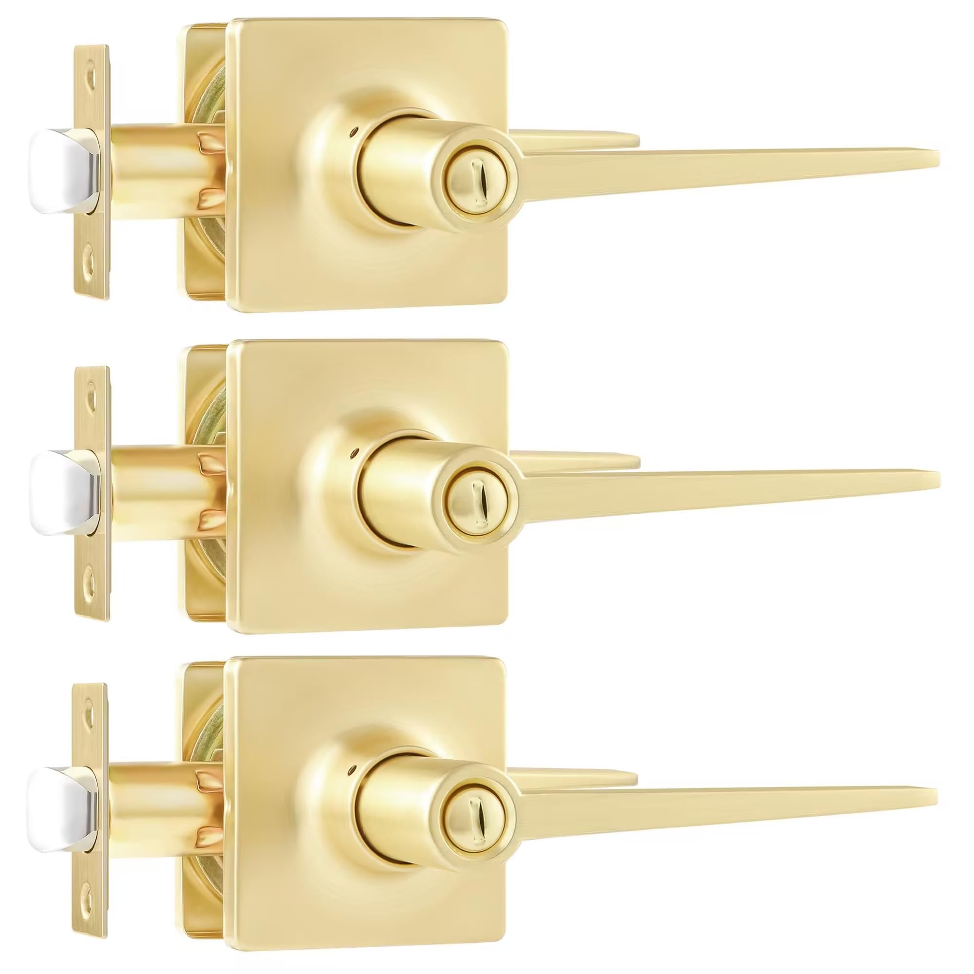 Leydebong 3 Pack Door Handles, Satin Brass Door Knobs Privacy Function Without Keys, Bedroom Bathroom Door Knobs Interior for Left or Right Handed