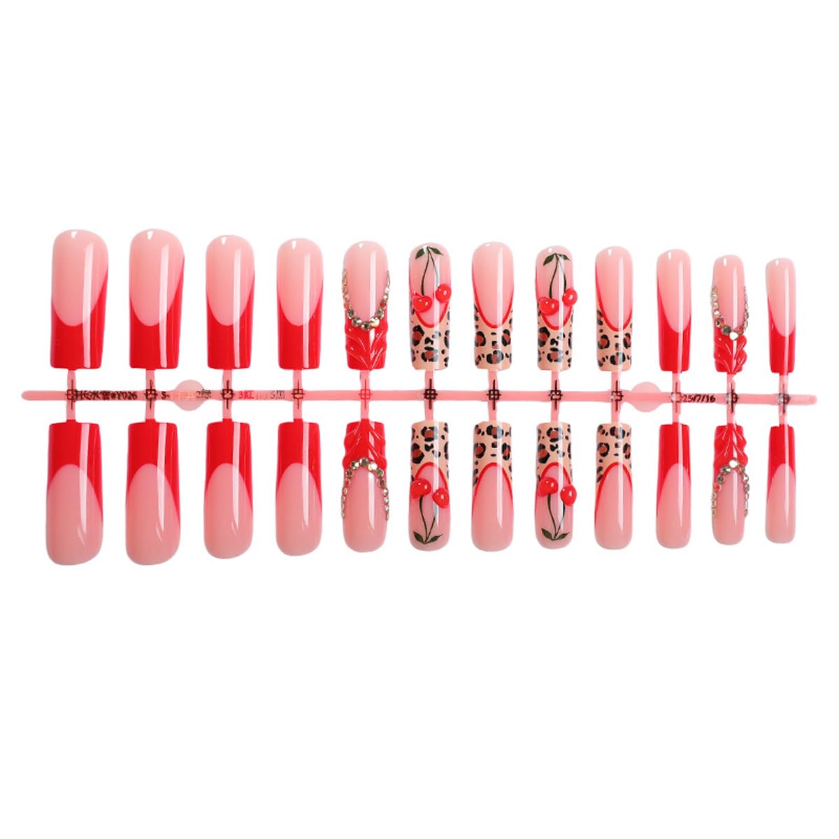 3D Cherry Press on Nails Long Square Fake Nails Red French Tip False Nails Leopard 3D Ripple Rhinestone Design Medium Full Cover Glossy Acrylic Nails for Women 24PCS