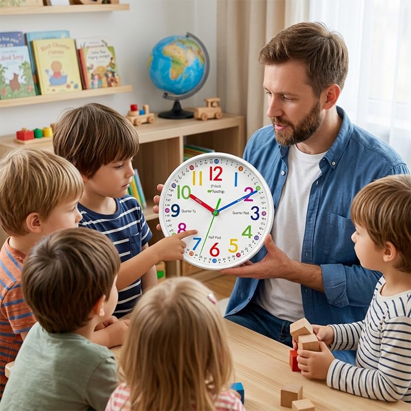 Image of HASTHIP 10 inch Silent Kids Wall Clock Non Ticking, Battery-Powered