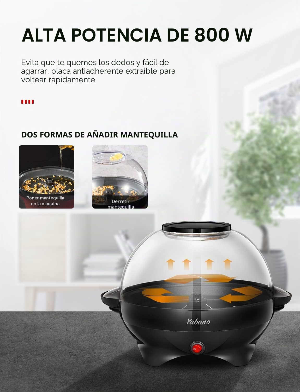 Yabano Máquina de Palomitas, 800W, Superficie de Calentamiento Extraíble, Antiadherente, 5 Litros, Tapa Grande para Servir y Almacenamiento Cómodo,sin BPA, Negro