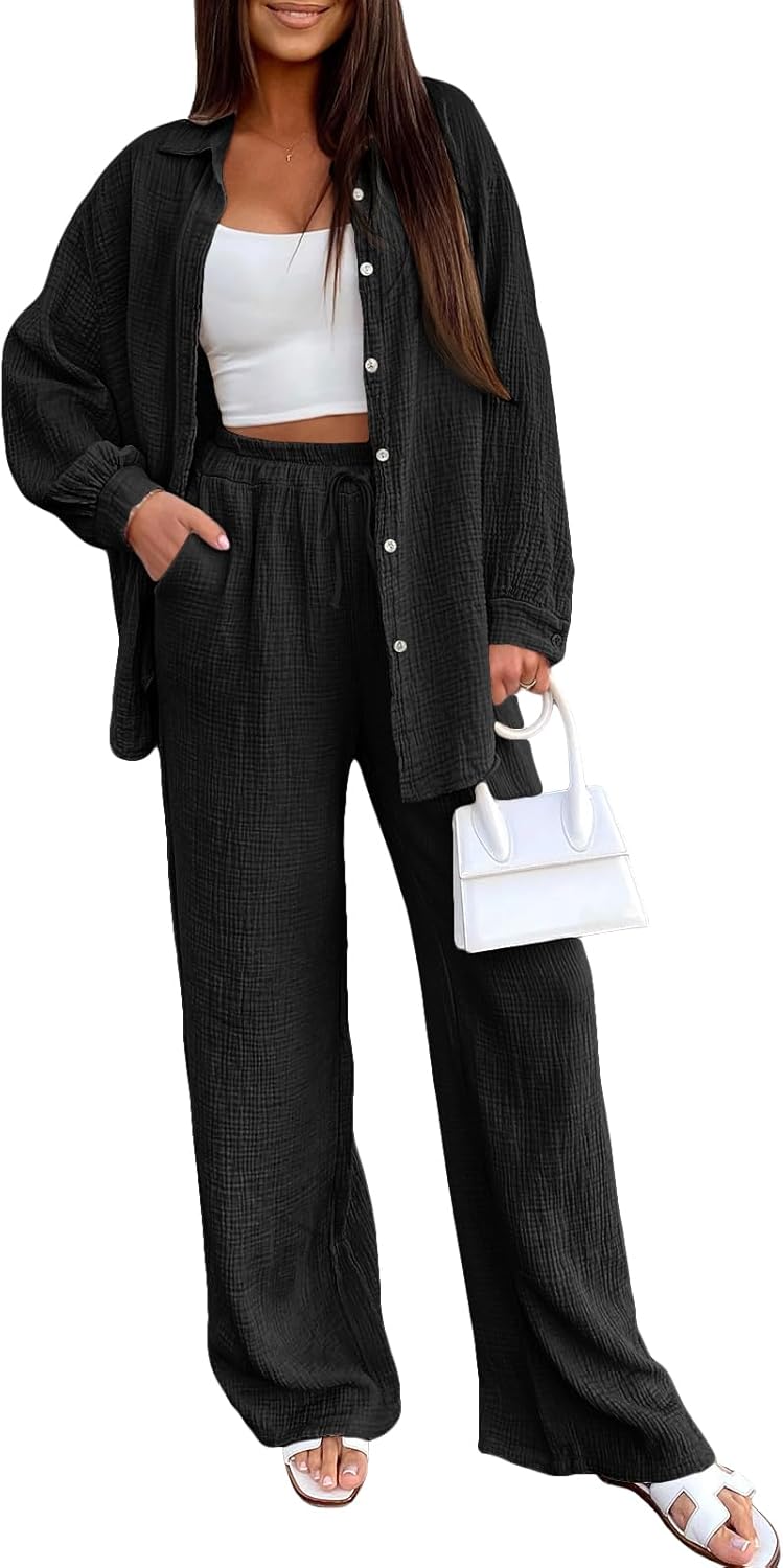 LILLUSORY Womens 2 Piece Linen Matching Lounge Sets 2026 Summer Vacation Outfits Long sleeve Button Down Oversized Pant Sets