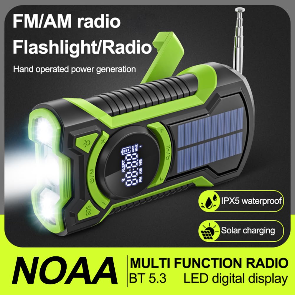 Radio meteorologica di emergenza solare Cymwer, manovella a mano impermeabile AM/FM/NOAA Meteo Radio 5000Mah Bluetooth-compatibile 5.3 Flashlight Charger LED Flashlight Alarring