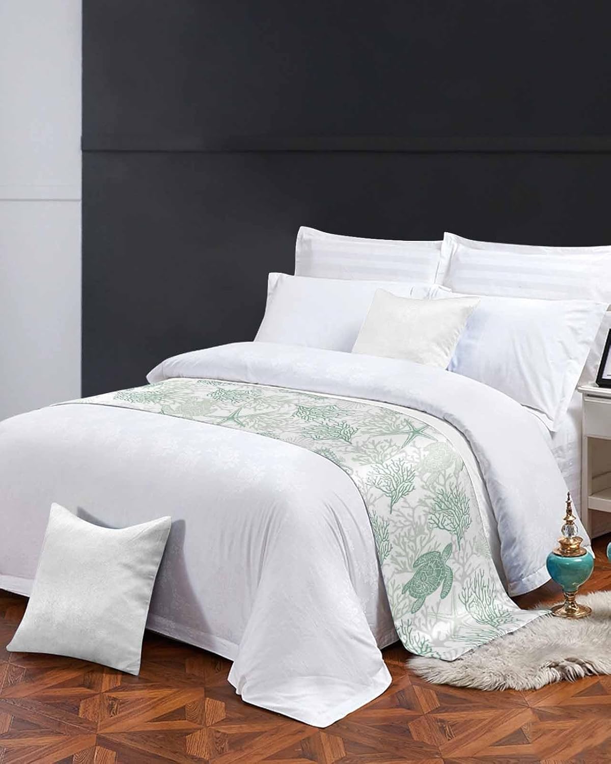 Yukro Bed Runner Scarf, Summer Sage Green Ocean Sea Turtle Coral Sea Queen Bed Scarf Runner, No Fading Decorative Bedding Scarf for Bedroom Hotels Homes and Guestrooms