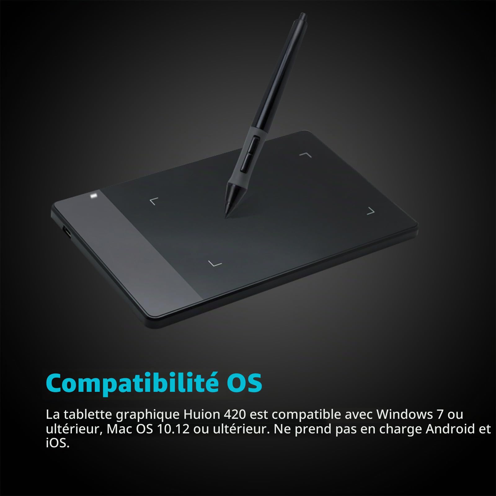 Huion 420 Tablette Graphique Portable 4000 LPI 2048 Pression Stylet à Pile 10x5,6cm (4"x2,23")