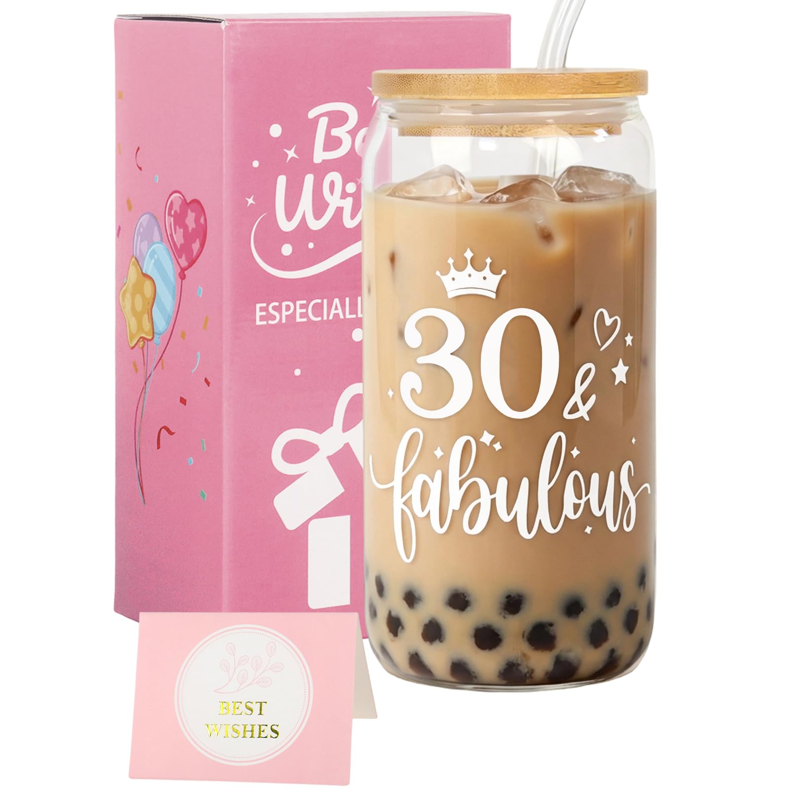 Nwvuop 30th Birthday Gifts for Women 16oz 30th Birthday Glass Cup with Lid & Straw
