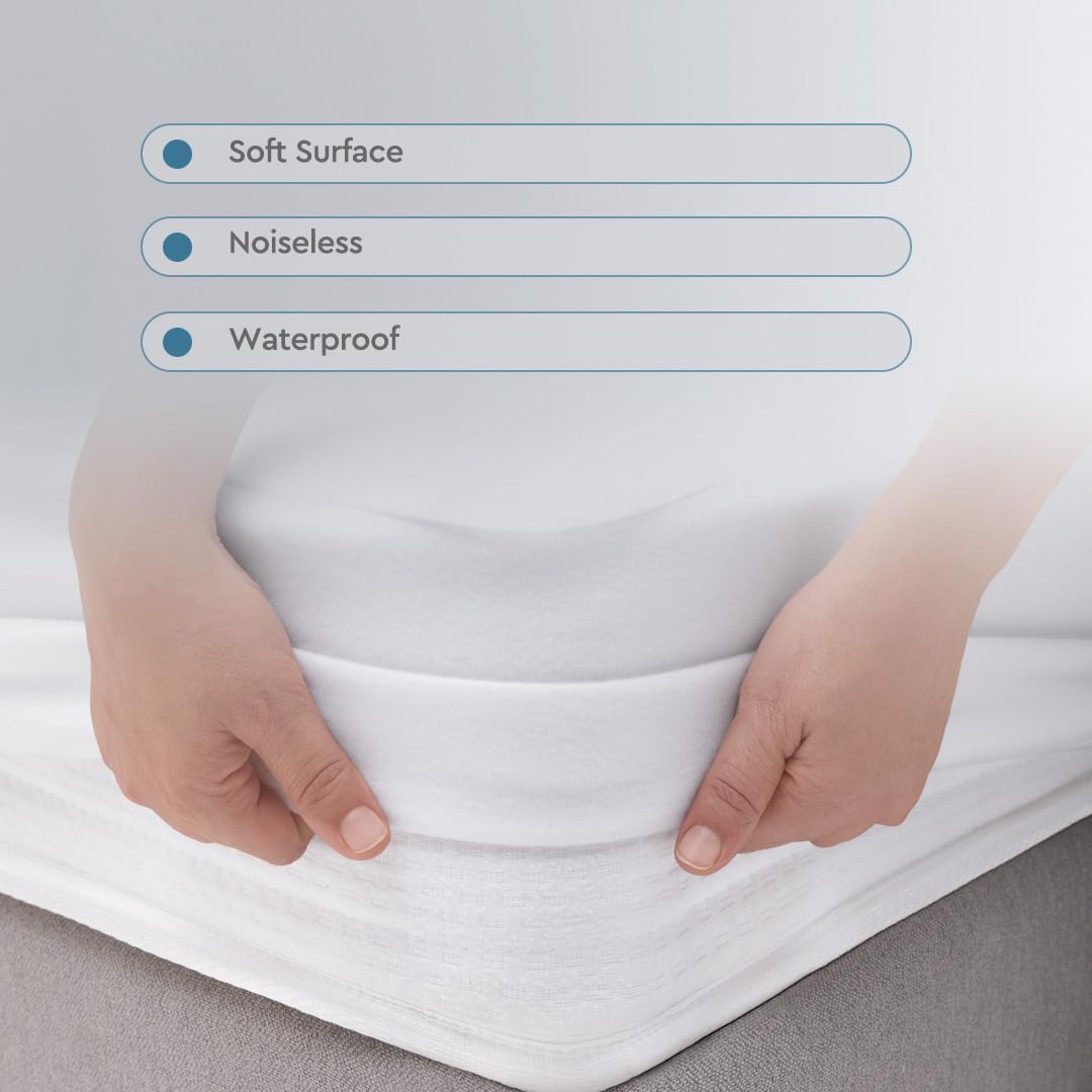 YATAS BEDDING Microfit Waterproof Mattress Protector, Vinyl Free Mattress Cover, Noiseless Soft & Long-Lasting Bed Protector, 90° Machine Washable, White (Queen Size - 14'' Depth) - 59