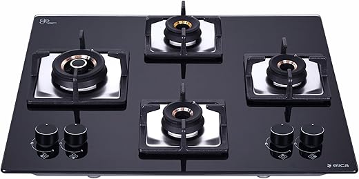 Elica Hob 4 Burner Auto Ignition Glass Top – 3 Mini Triple Ring Brass Burner and 1 Double Ring Brass Gas Stove (Flexi AB HCT 460)