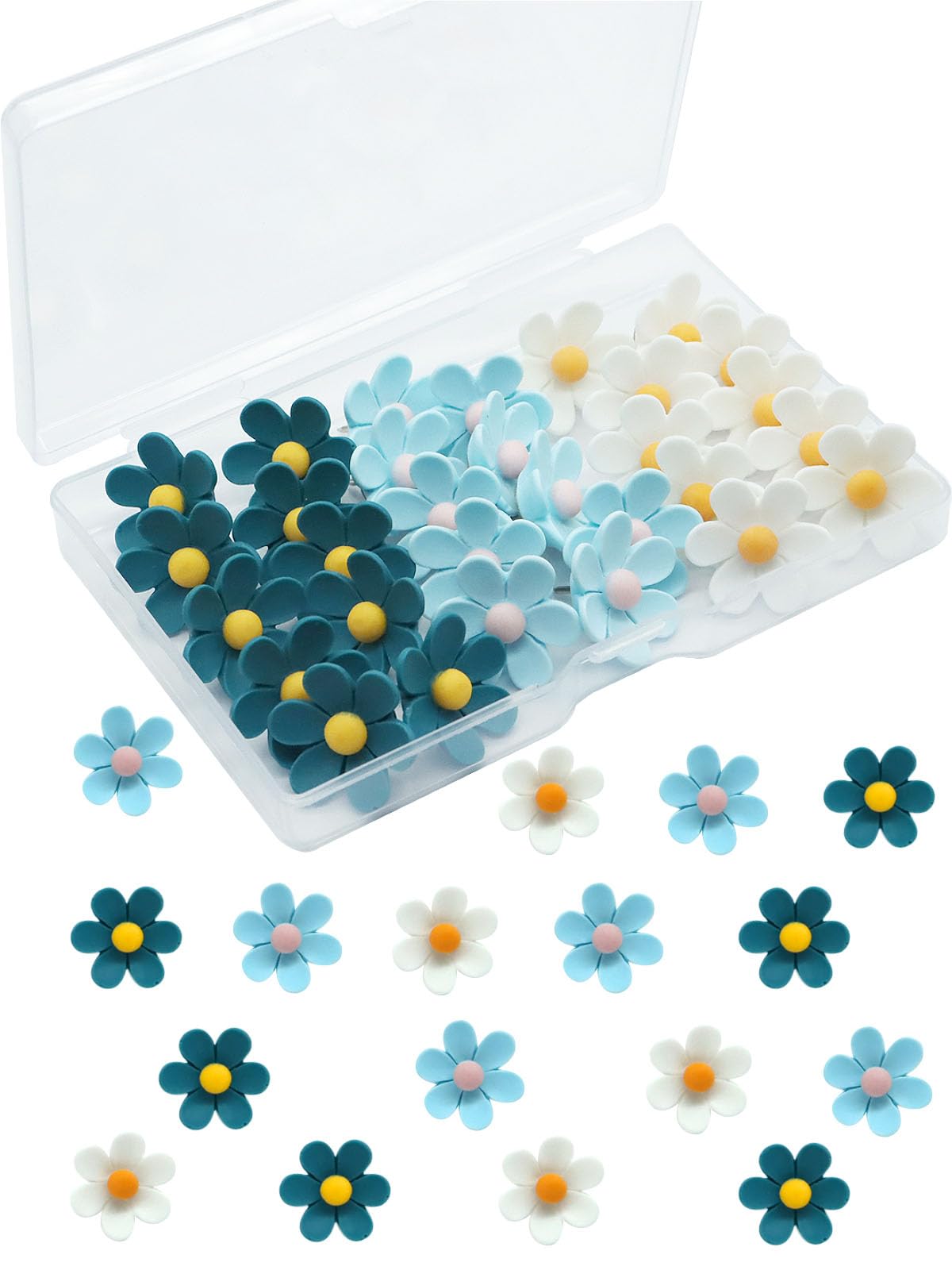 Blue Flower Push Pins,30 Pcs Decorative Push Pins for Cork Board Blue and White Cute Push Pin for Bulletin Boards Flower Thumb Tacks for Wall Photos,