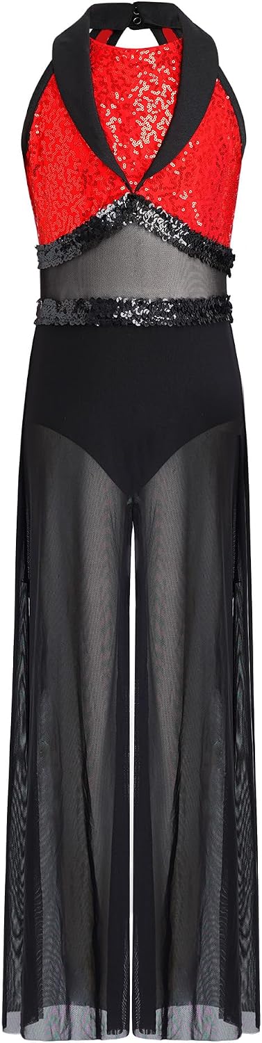 Girls Figure Ice Skating Jumpsuit Sparkly Gymnastics Leotard Dance Competition Outfit for Stage Performance