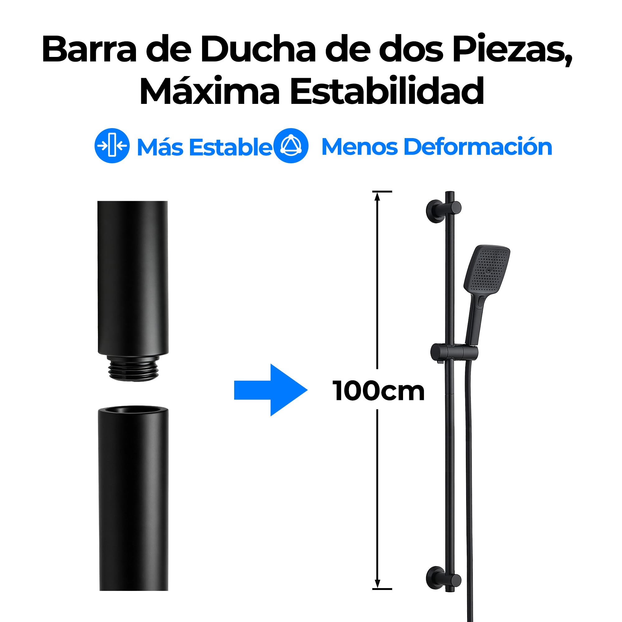 Görbach Barra de Ducha 100 cm de Acero Inoxidable, Columna Sin Grifo con Soporte de Alcachofa y Soportes de pared, Estante Ducha Ajustable en Altura, Negro