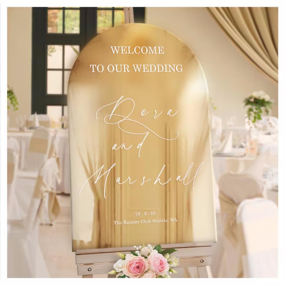 Personalisiertes Goldspiegel-Willkommensschild für Hochzeitsempfänge und neue Heimdekoration Fügen Sie die Namen des Brautpaars Hochzeitszeit und gute Wünsche hinzu