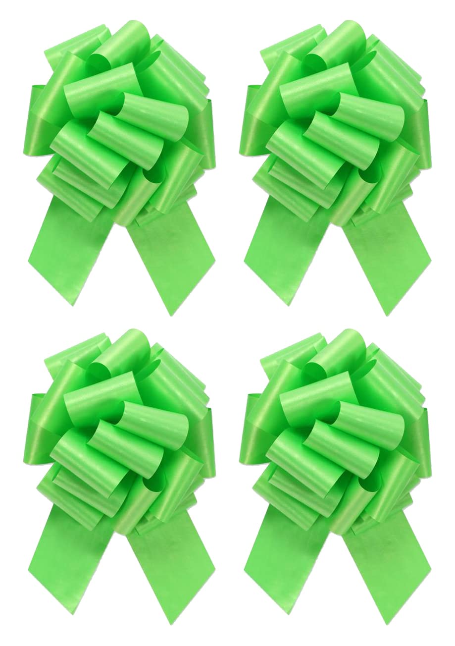 Extra Large Lime Green Gift Wrap Pull Bows - 8" Wide, XL Lime Green Ribbon Big Pull Flower Bows for Halloween Gifts and Presents, Set of 4 (Lime Green