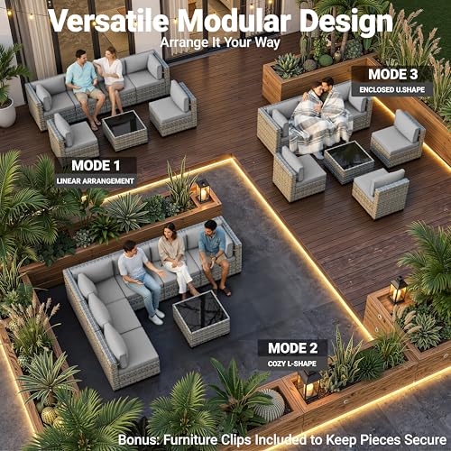 Image of Outdoor PE Wicker Rattan Modular Patio Sectional Sofa Set | 7-Piece: 6 Modular Seats & Coffee Table with Thick Cushions, Grey