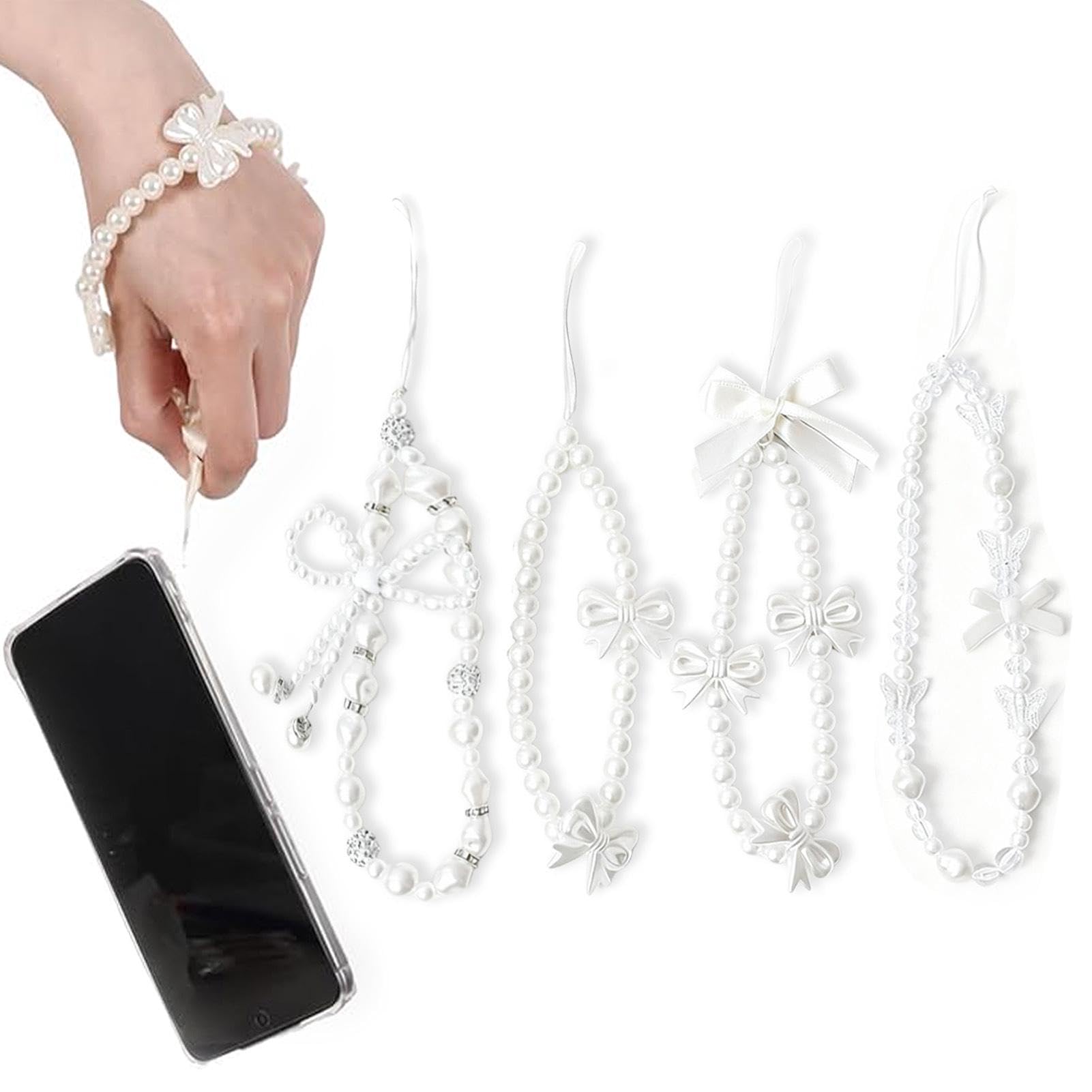 4 Pcs Cute Cell Phone Charms, White Pearl Bracelet Strap Chain Wrist Beads MobilePhone Charm Wrist Strap to Prevent Loss, Phone Case Accessories for Keychain Camera Decor — view 8