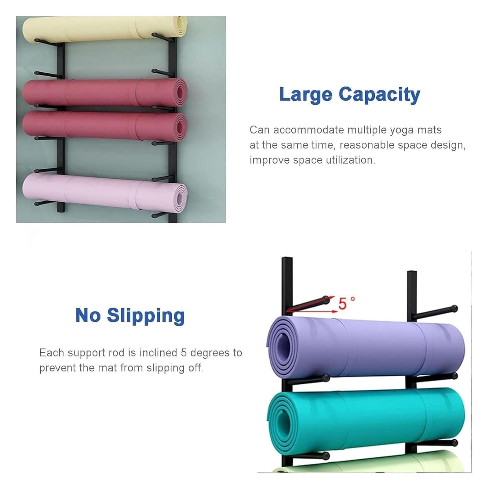 Soporte Esterilla Yoga Soporte de Yoga Montado en La Pared Multicapa,Estante Metálico Colgante para Esterilla de Yoga,Estante de Exhibición de Alfombrillas de Ejercicio,Oro,9 Layers