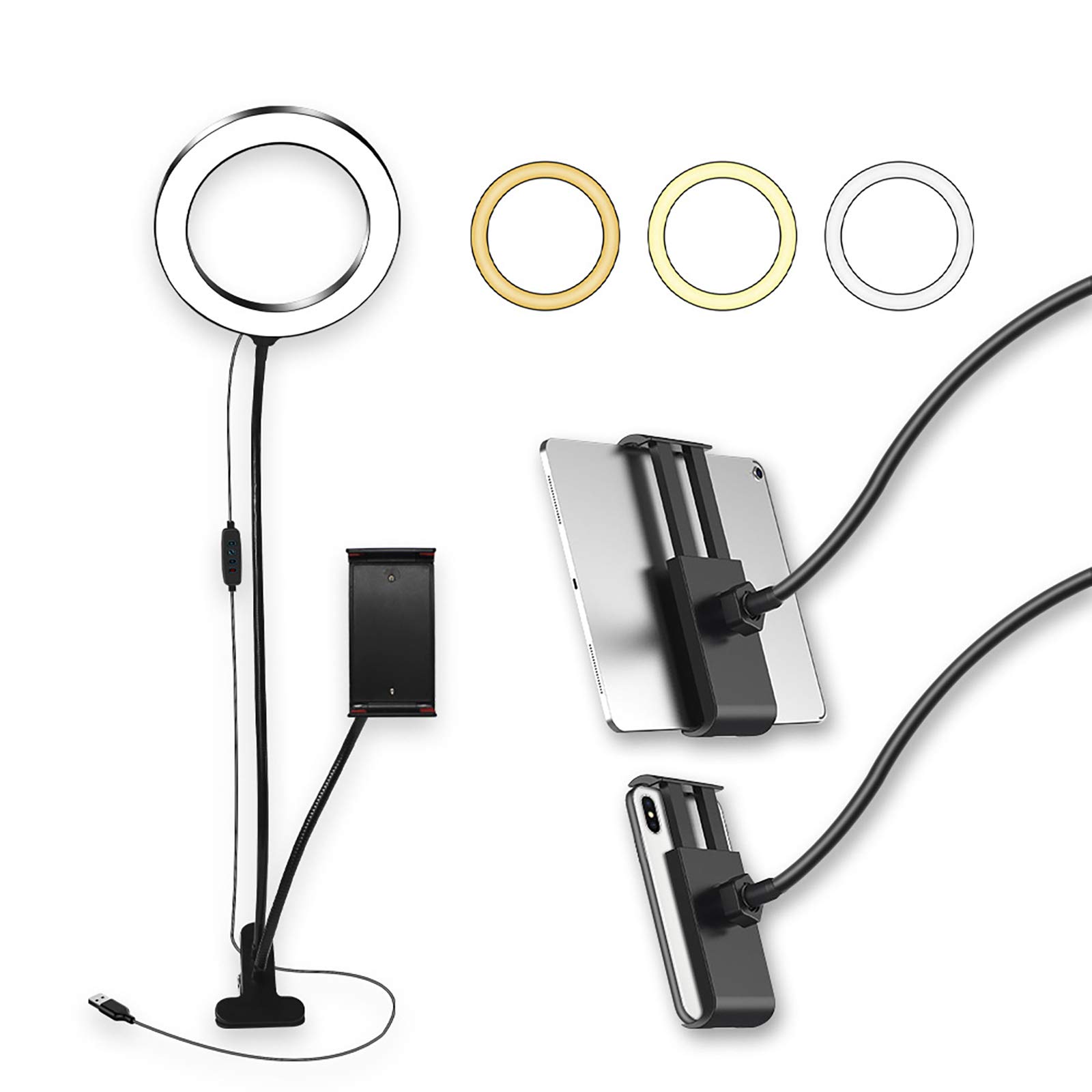 Luce ad Anello Selfie 8 Pollici con Supporto Telefono Cellulare, Illuminazione a LED dimmerabile ruotabile a 360 ° con Bracci Flessibili, registrazioni Video Trucco in Streaming dal Vivo